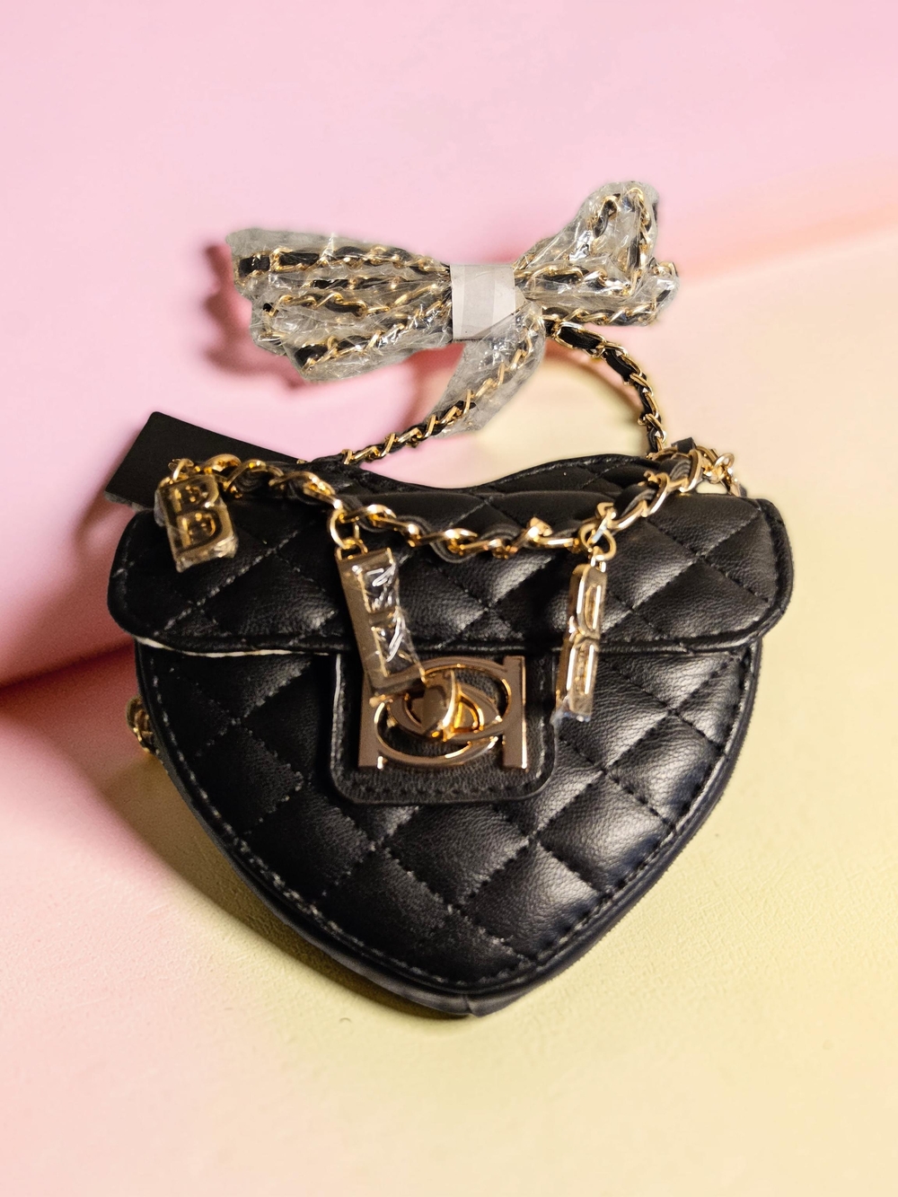 NWT Bebe Black Quilted Heart Crossbody Bag with Gold Chain